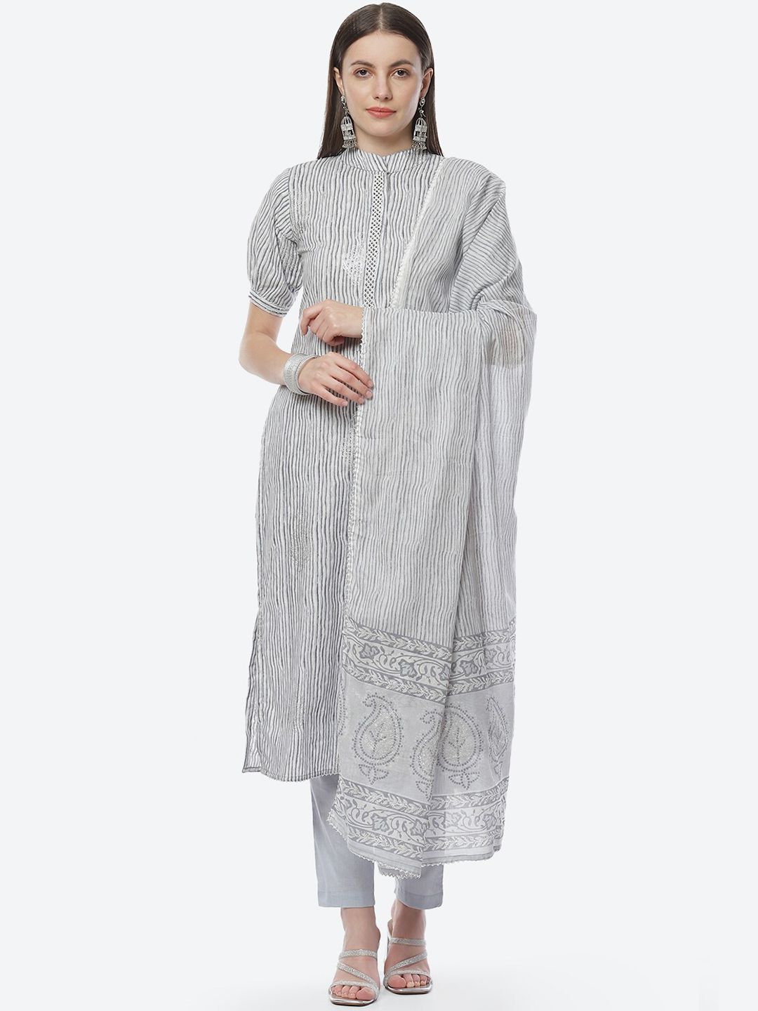 Biba Women Grey Stiped & Printed Pure Cotton Unstitched Dress Material Price in India