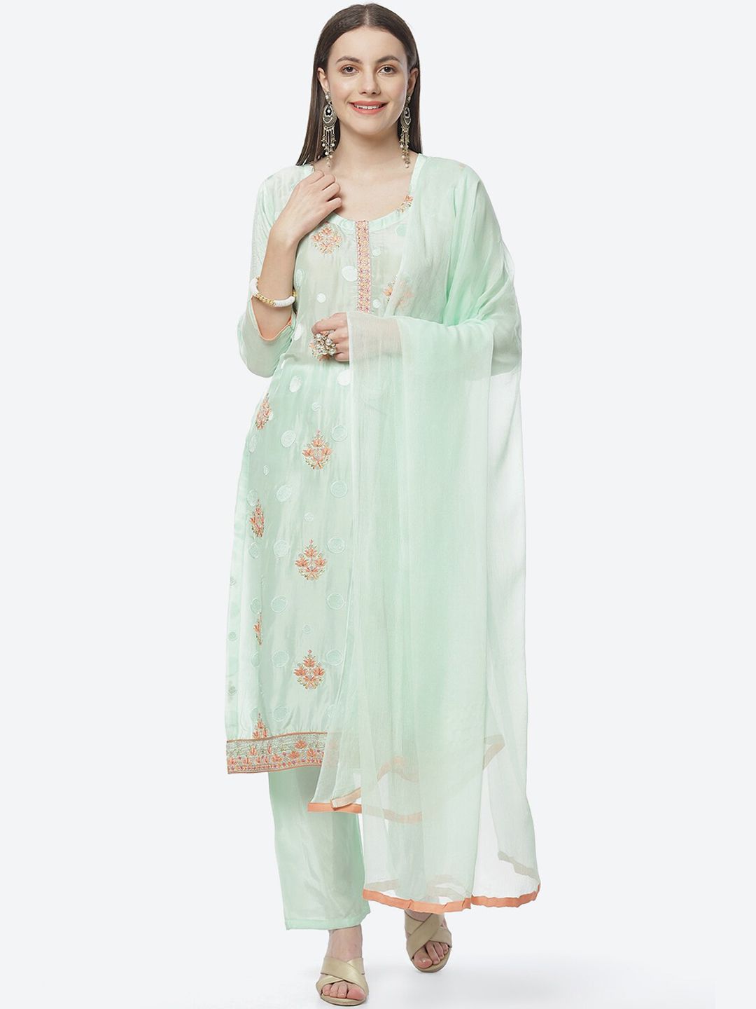 Biba Green & Orange Embroidered Pure Silk Unstitched Dress Material Price in India