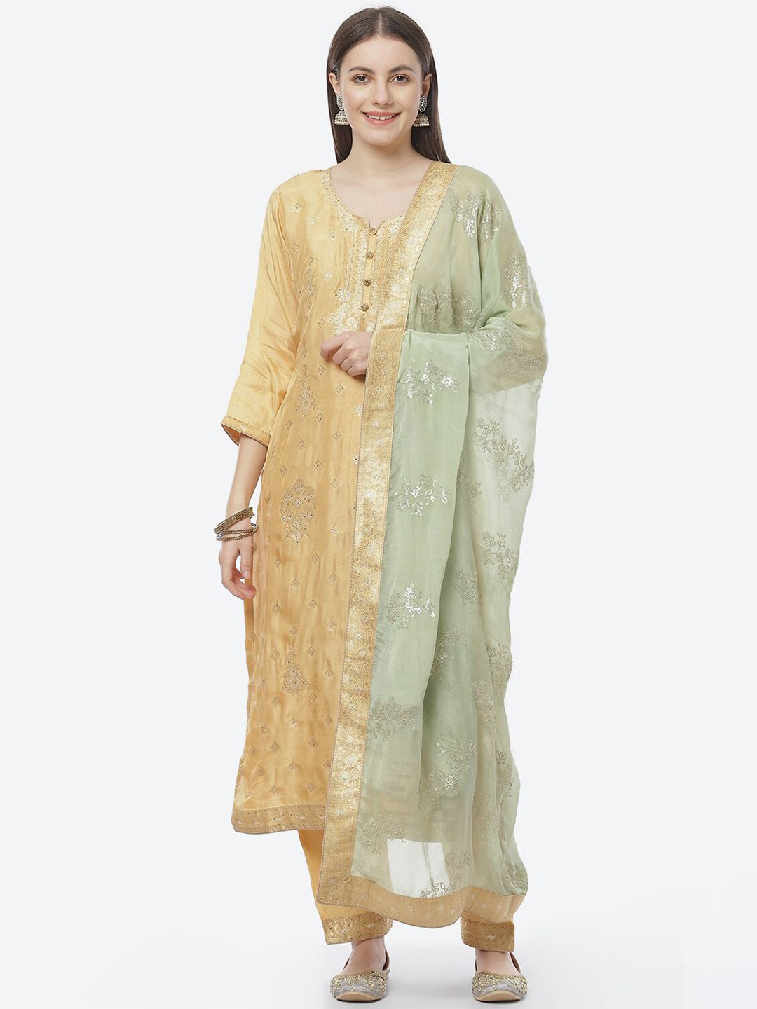 Biba Yellow & Green Pure Silk Unstitched Dress Material Price in India