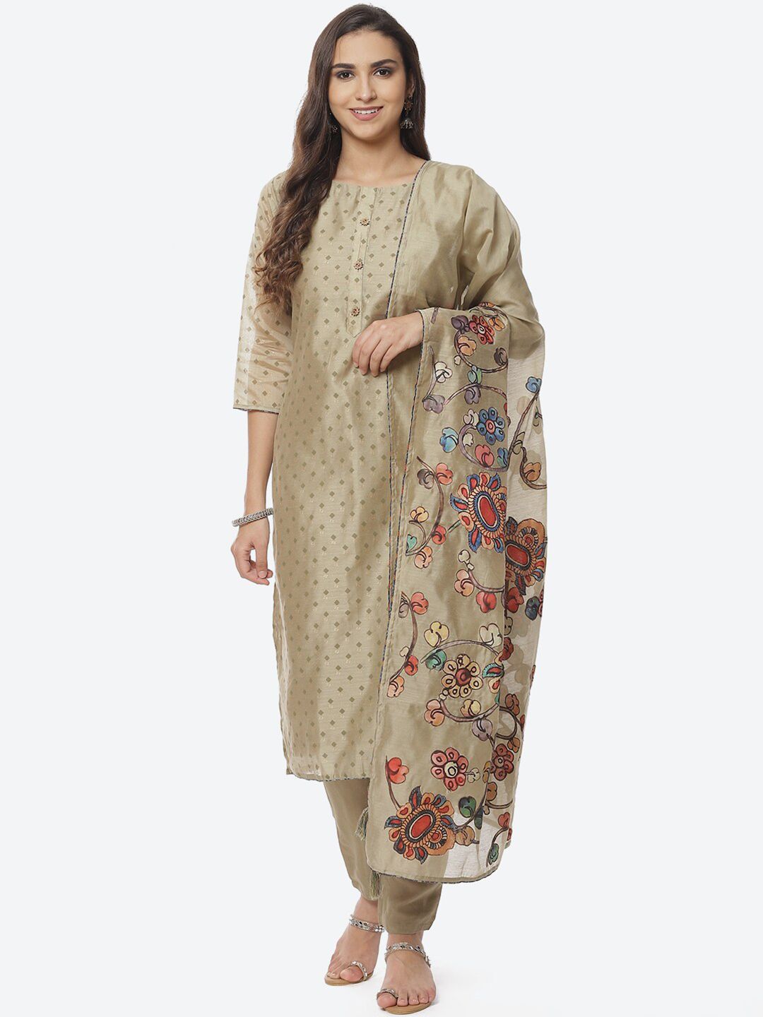Biba Women Grey & Beige Floral Woven Design Unstitched Dress Material Price in India