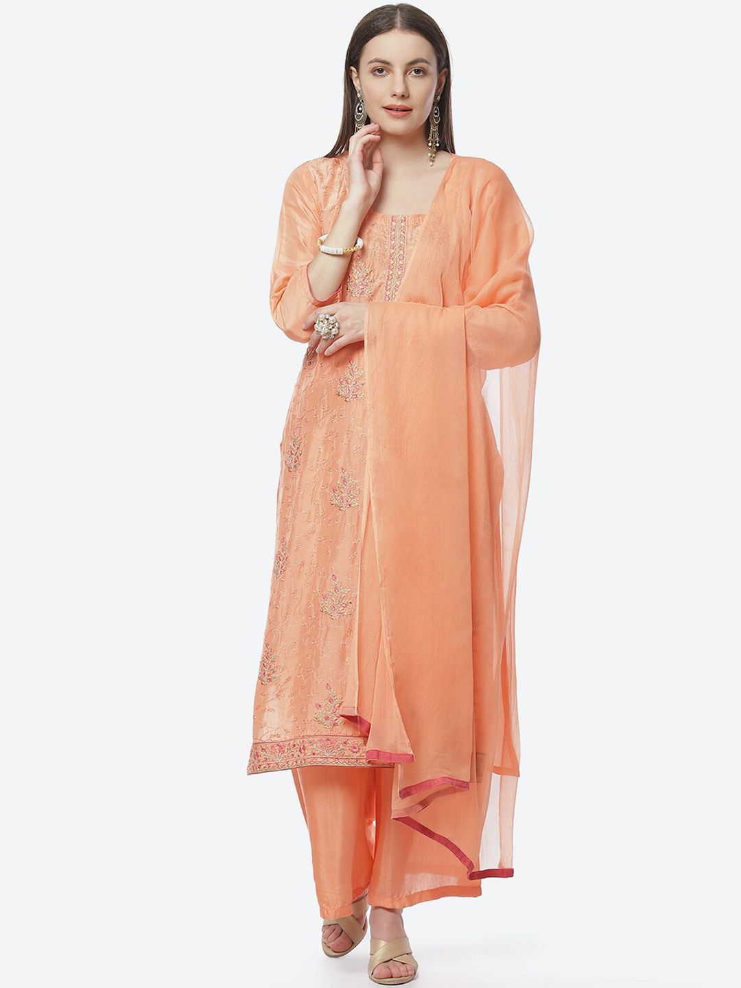 Biba Peach-Coloured Embroidered Pure Silk Unstitched Dress Material