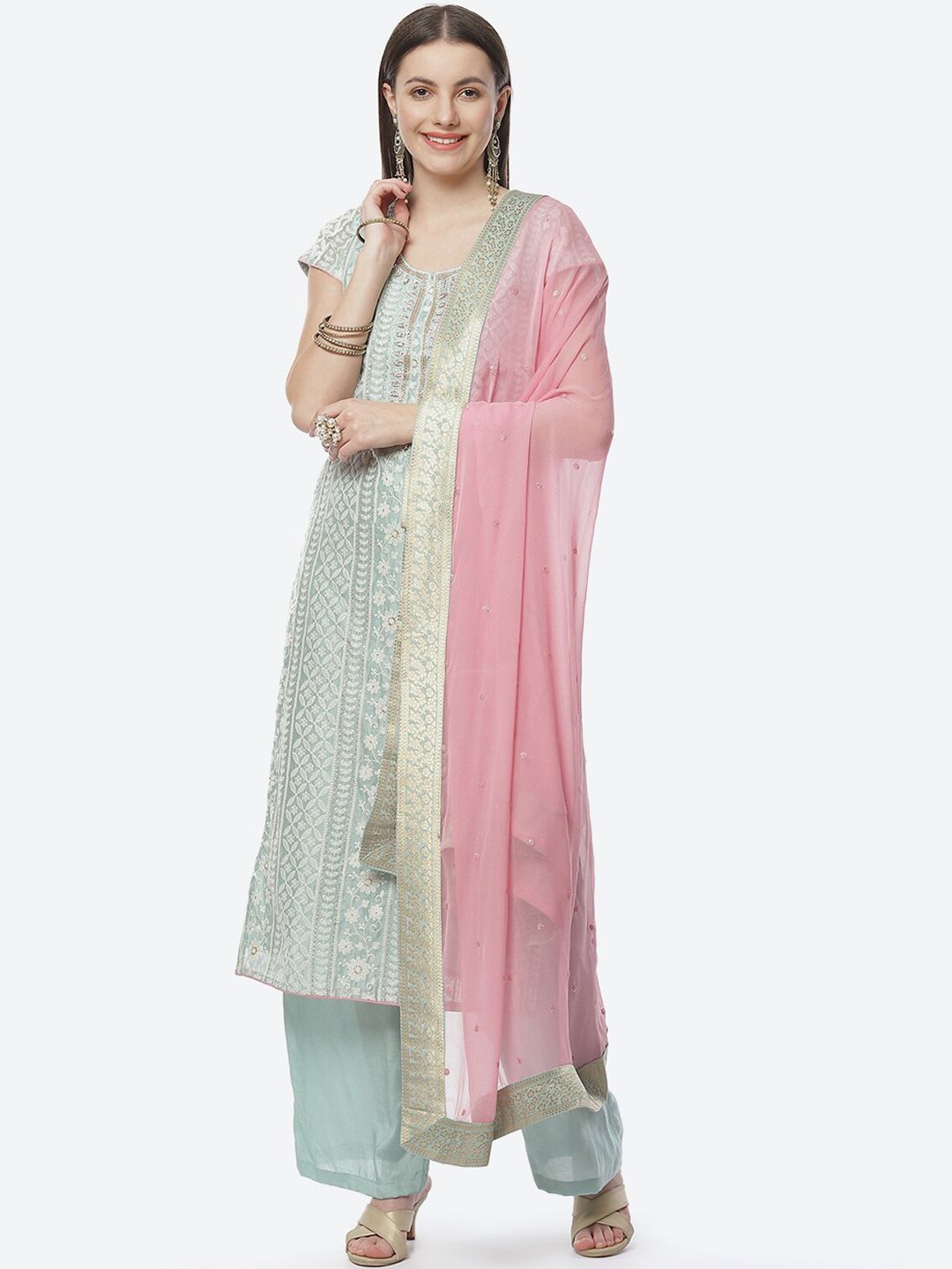 Biba Turquoise Blue & Pink Embroidered Unstitched Dress Material Price in India