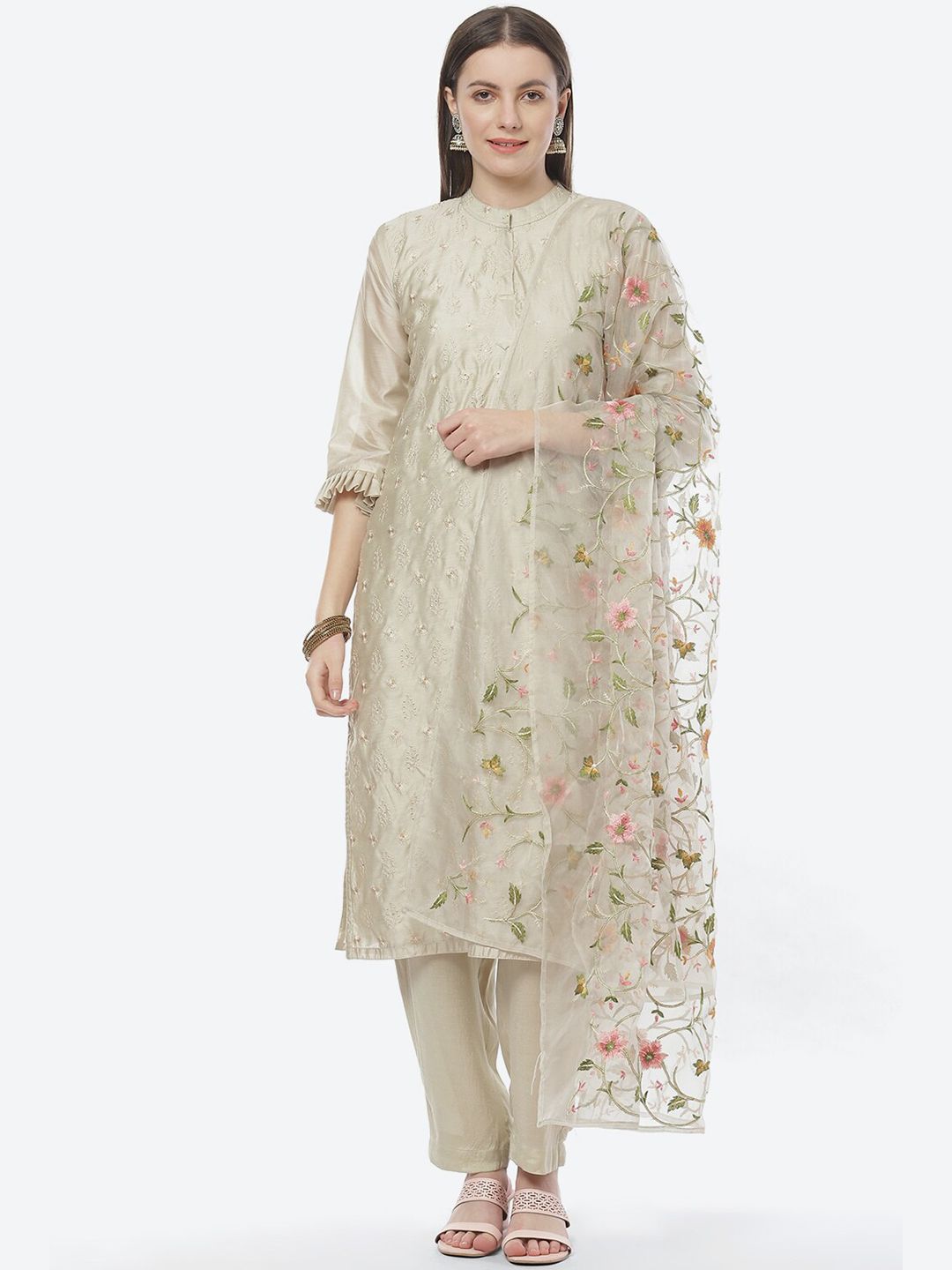 Biba Beige Embroidered Unstitched Dress Material Price in India