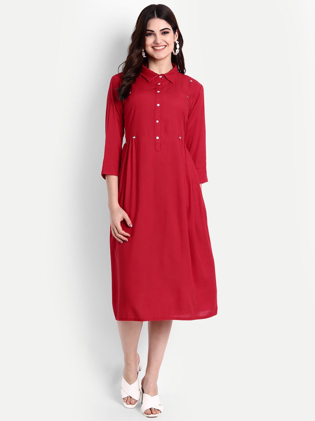 PNEHA Women Red Shirt Midi Dress Price in India