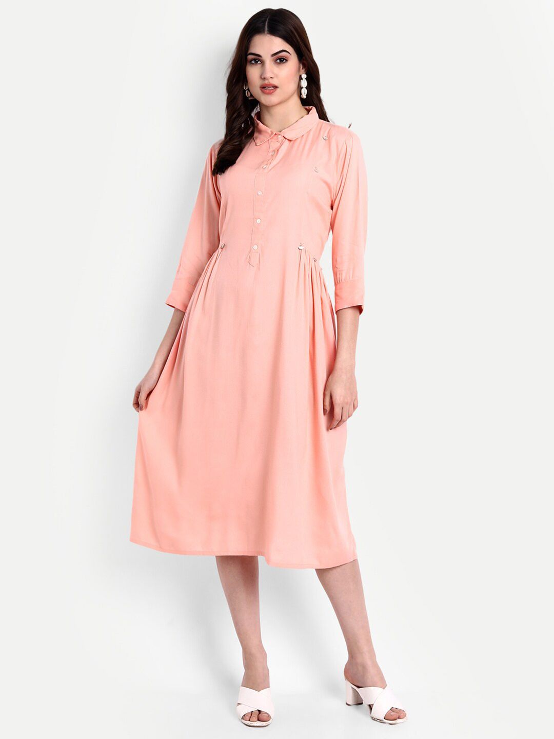 PNEHA Pink Solid A-Line Midi Dress Price in India