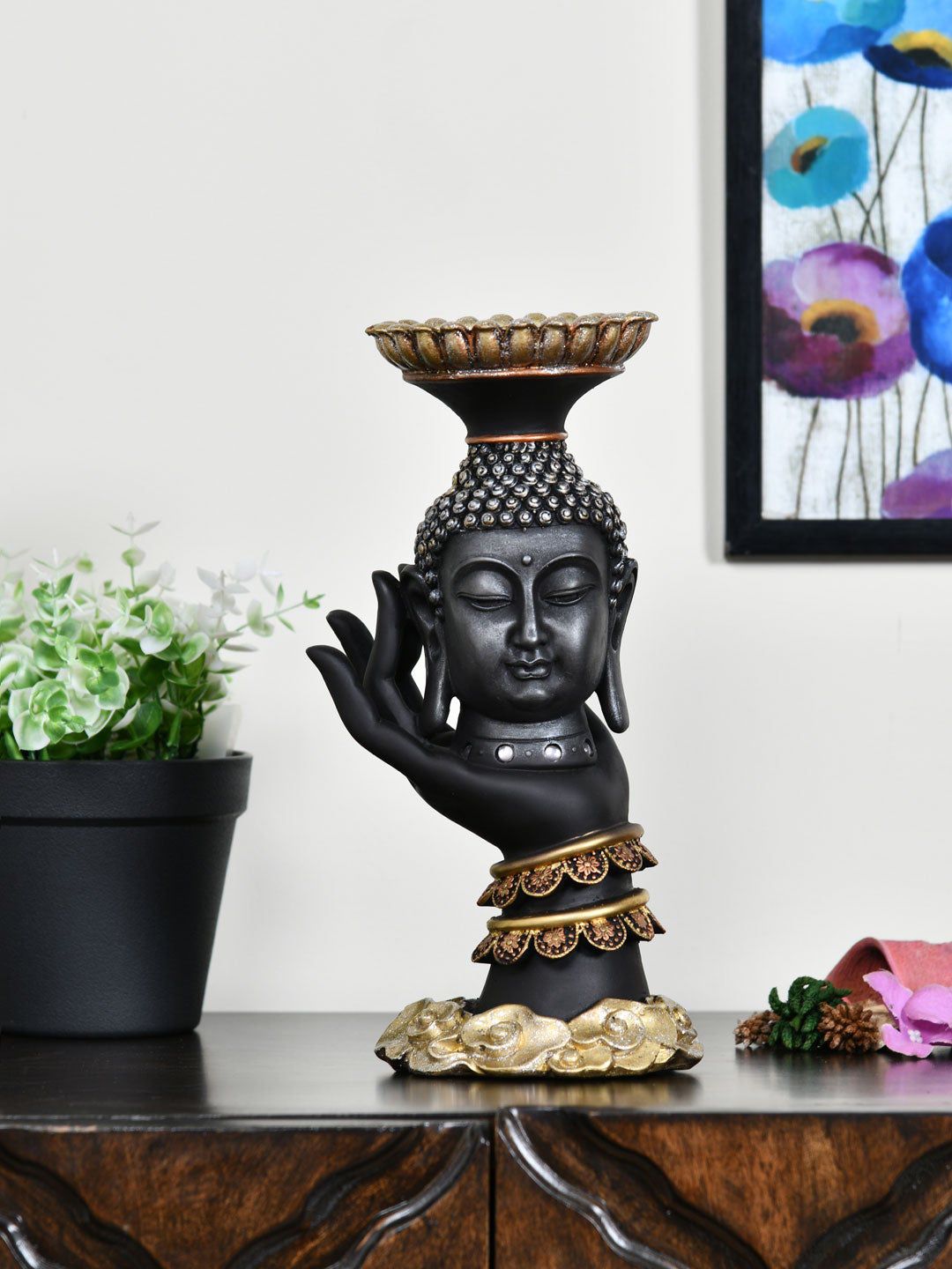 Athome by Nilkamal Black & Gold-Toned Buddha On Hand Candle Stand Price in India