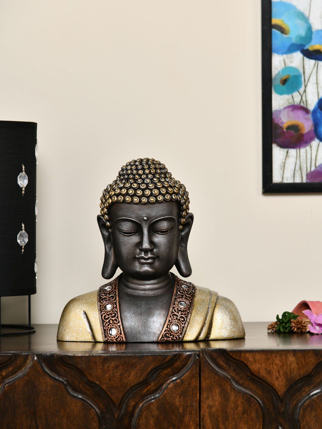 Athome by Nilkamal Black & Gold Toned Bust Buddha Showpiece Price in India