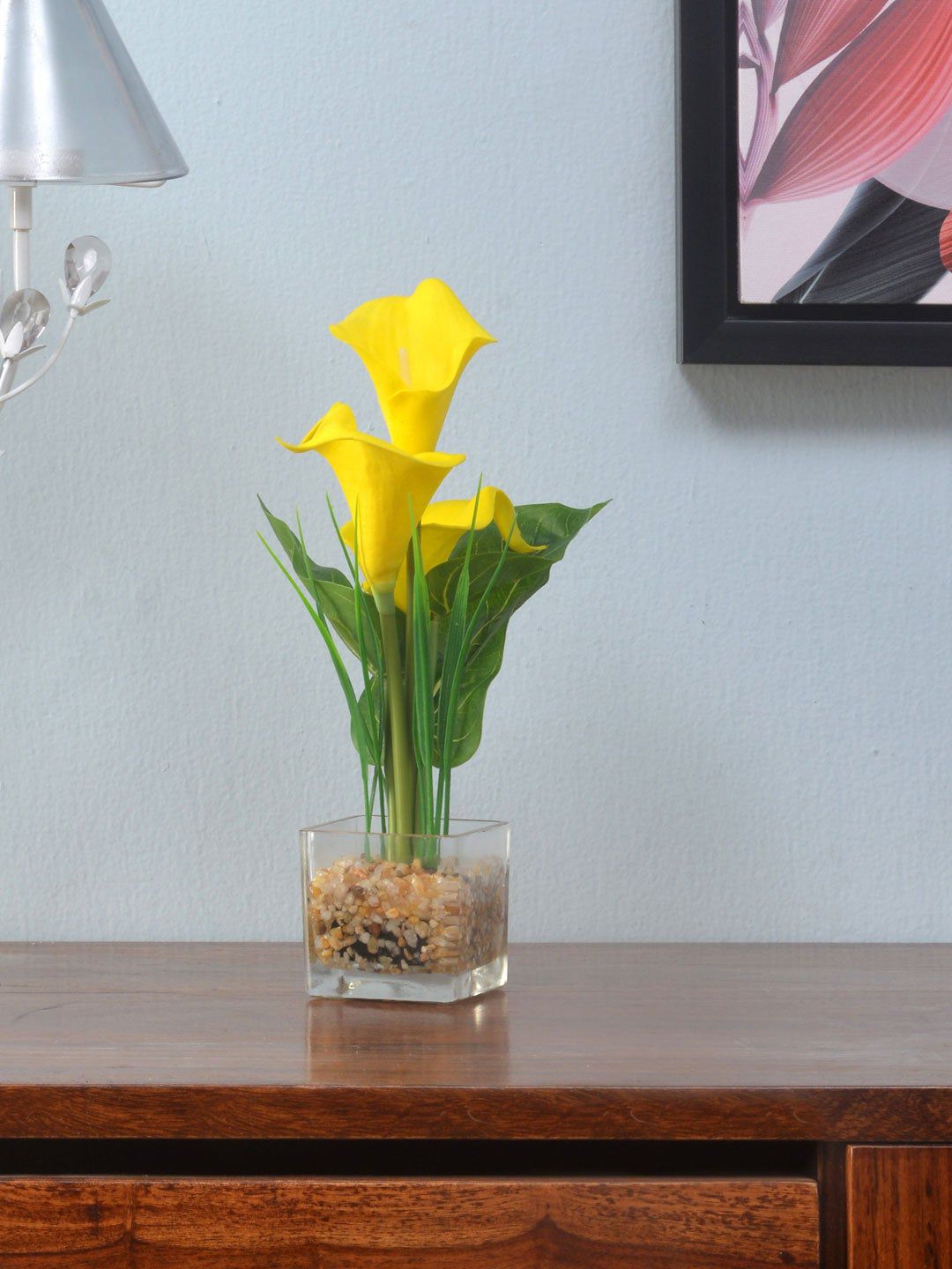 Athome by Nilkamal Yellow & Green Lilly Glass Potted Artificial Plant Price in India