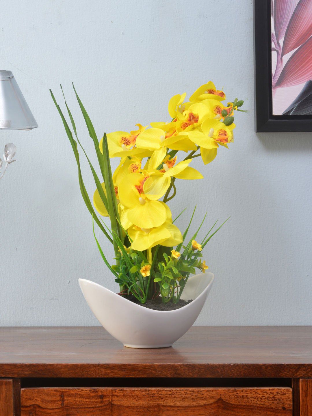 Athome by Nilkamal Yellow & Green Orchid Bowl Potted Artificial Plant Price in India
