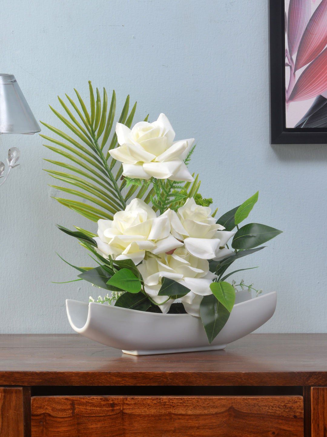 Athome by Nilkamal White & Green Rose Boat Potted Plant Price in India