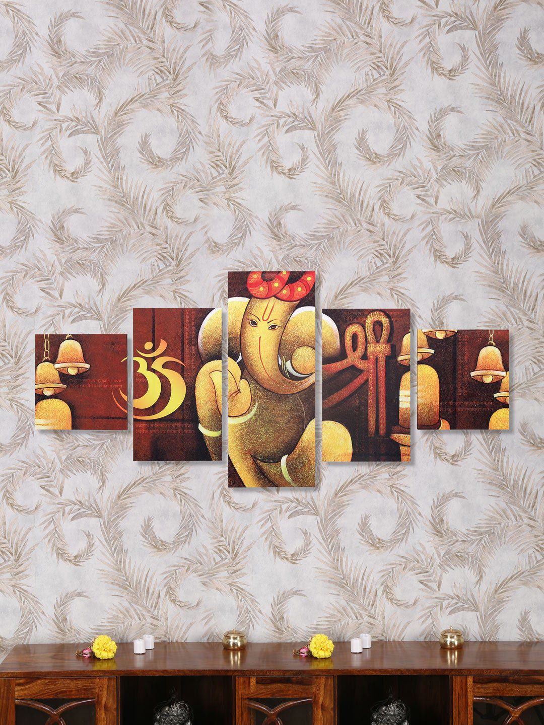 Athome by Nilkamal Brown & Yellow 5 Panels Om Ganesha Paintings Price in India