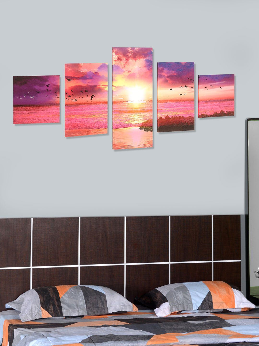 Athome by Nilkamal Peach Abstract Sky 5 Panel Paintings Price in India