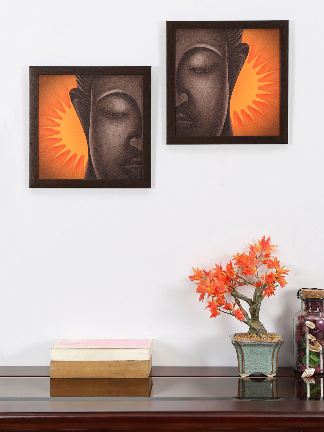 Athome by Nilkamal Mustard Yellow & Brown Set Of 2 Buddha Face Painting Price in India