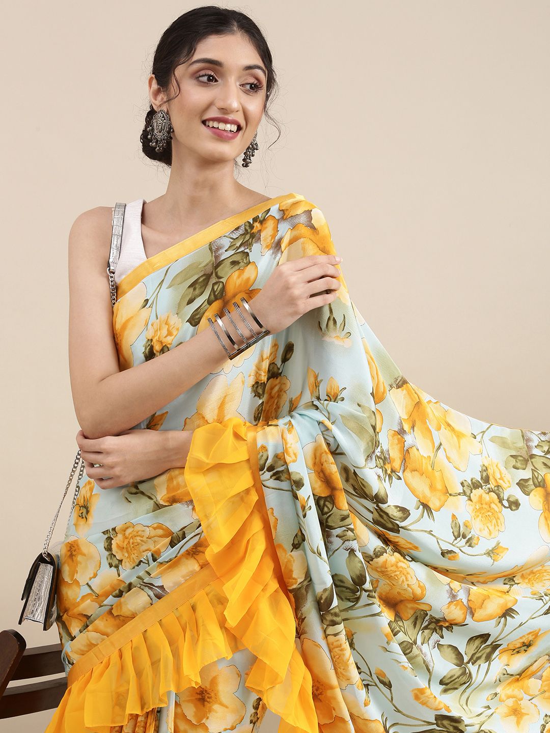 Mitera Orange Floral Ruffles Saree Price in India