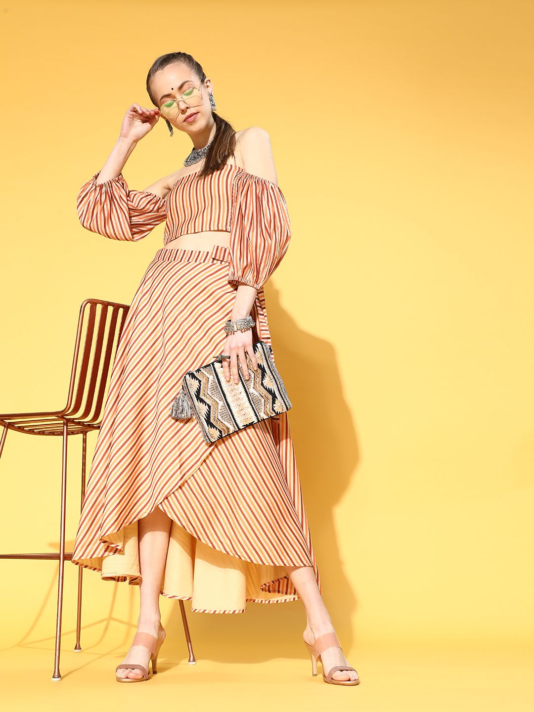 anayna Women Classy Beige Striped Co-Ords