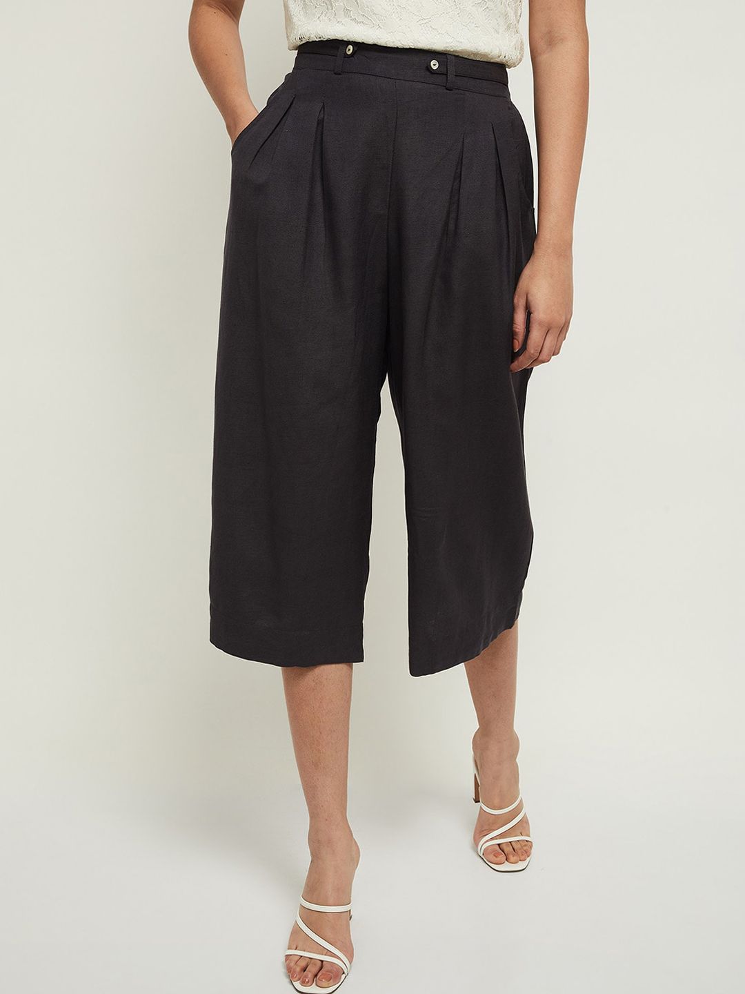 max Woman Charcoal Pleated Culottes Trousers Price in India