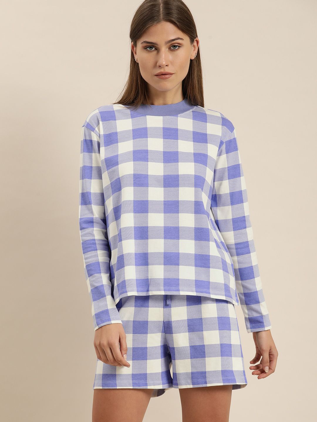 ether Women Purple & White Checked Night suit Price in India