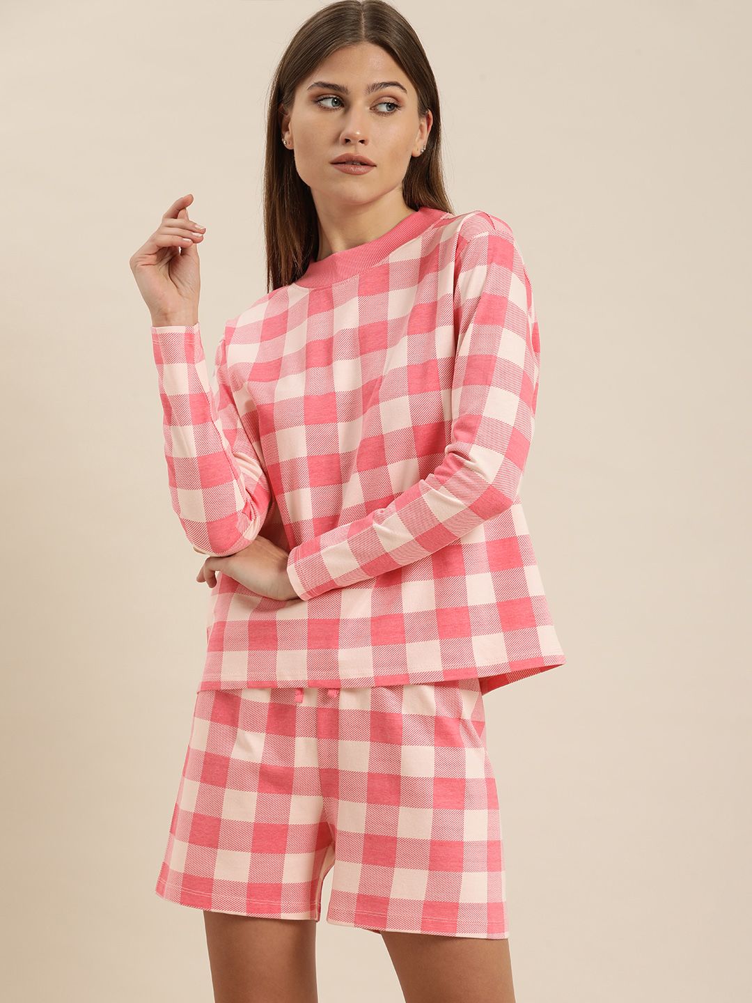 ether Women Pink & White Checked Night suit Price in India