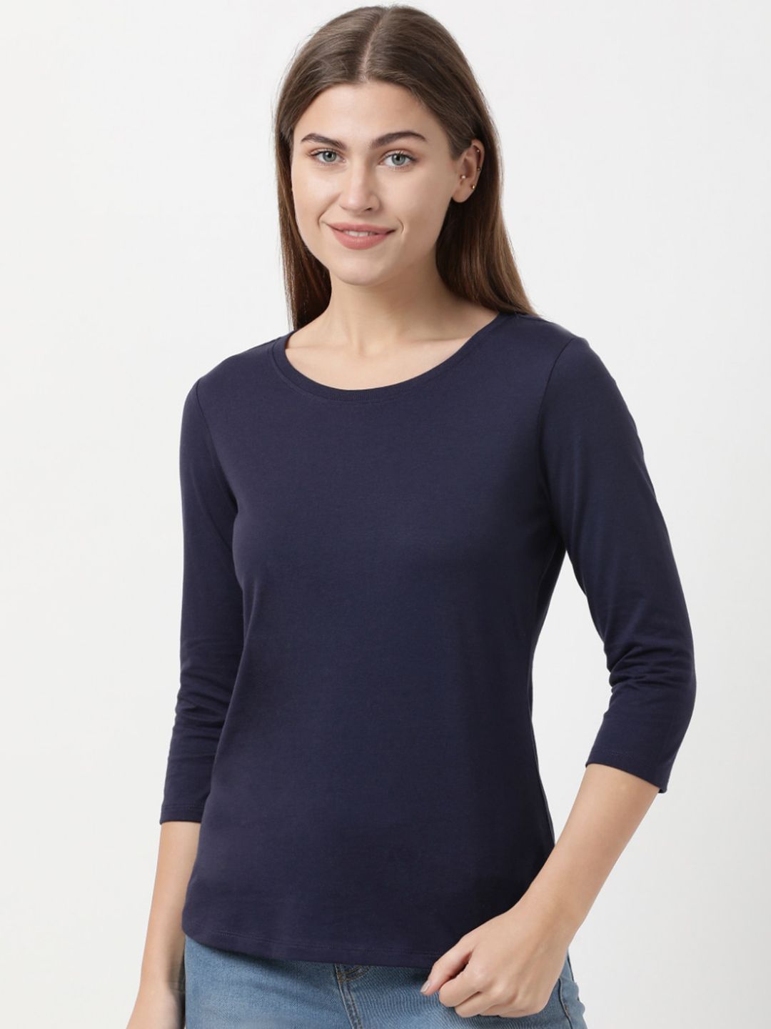 Jockey Women Navy Blue Solid Cotton Regular Fit Lounge T-shirt Price in India