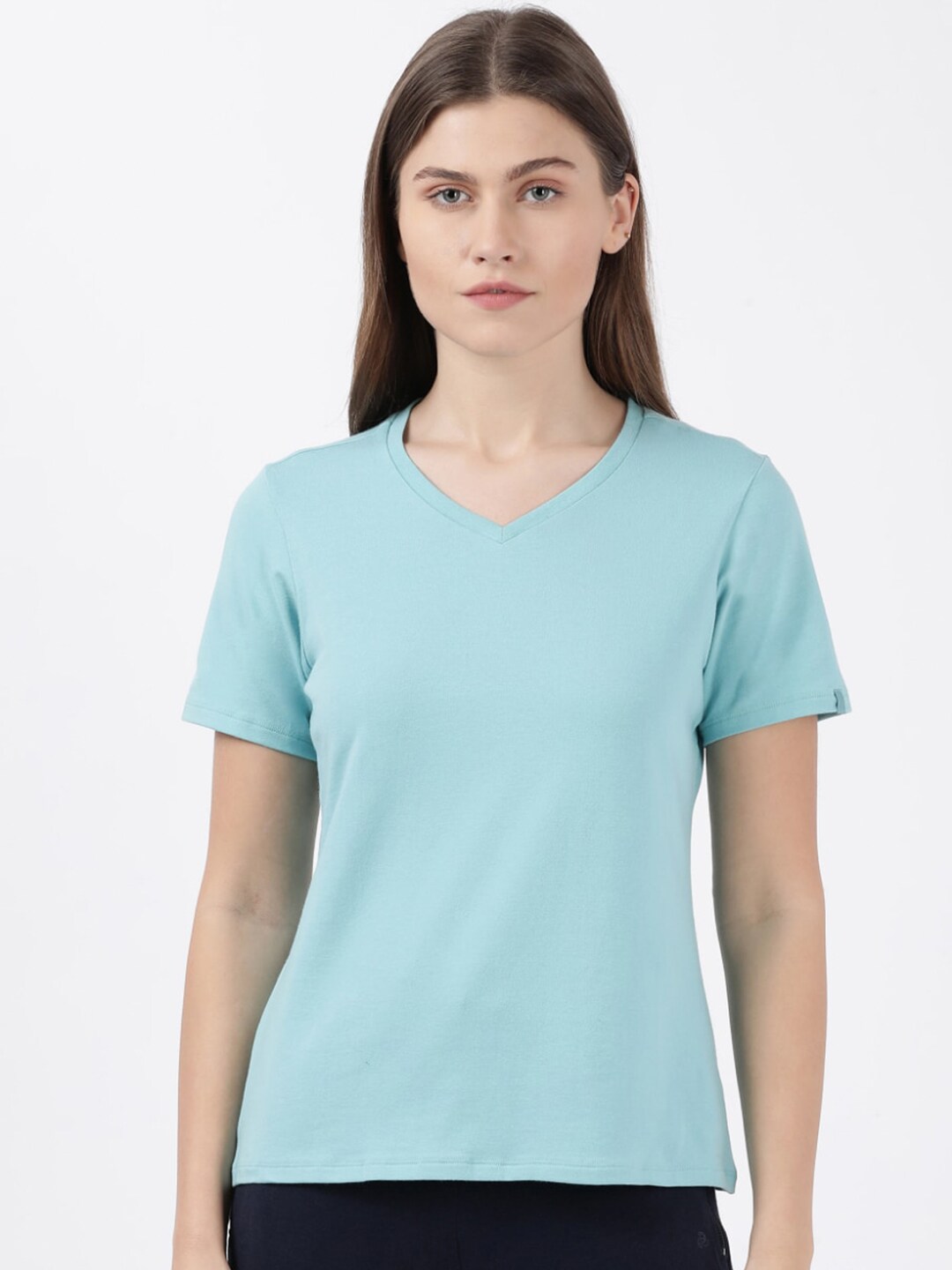 Jockey Women Blue V-Neck Cotton T-shirt Price in India