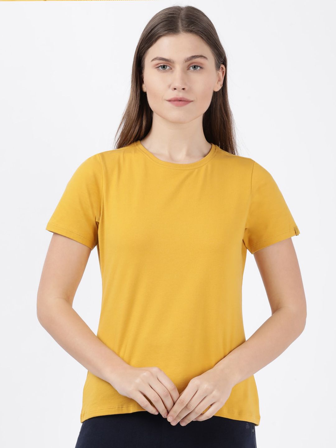 Jockey Women Yellow Solid Round Neck Cotton Lounge T-shirt Price in India