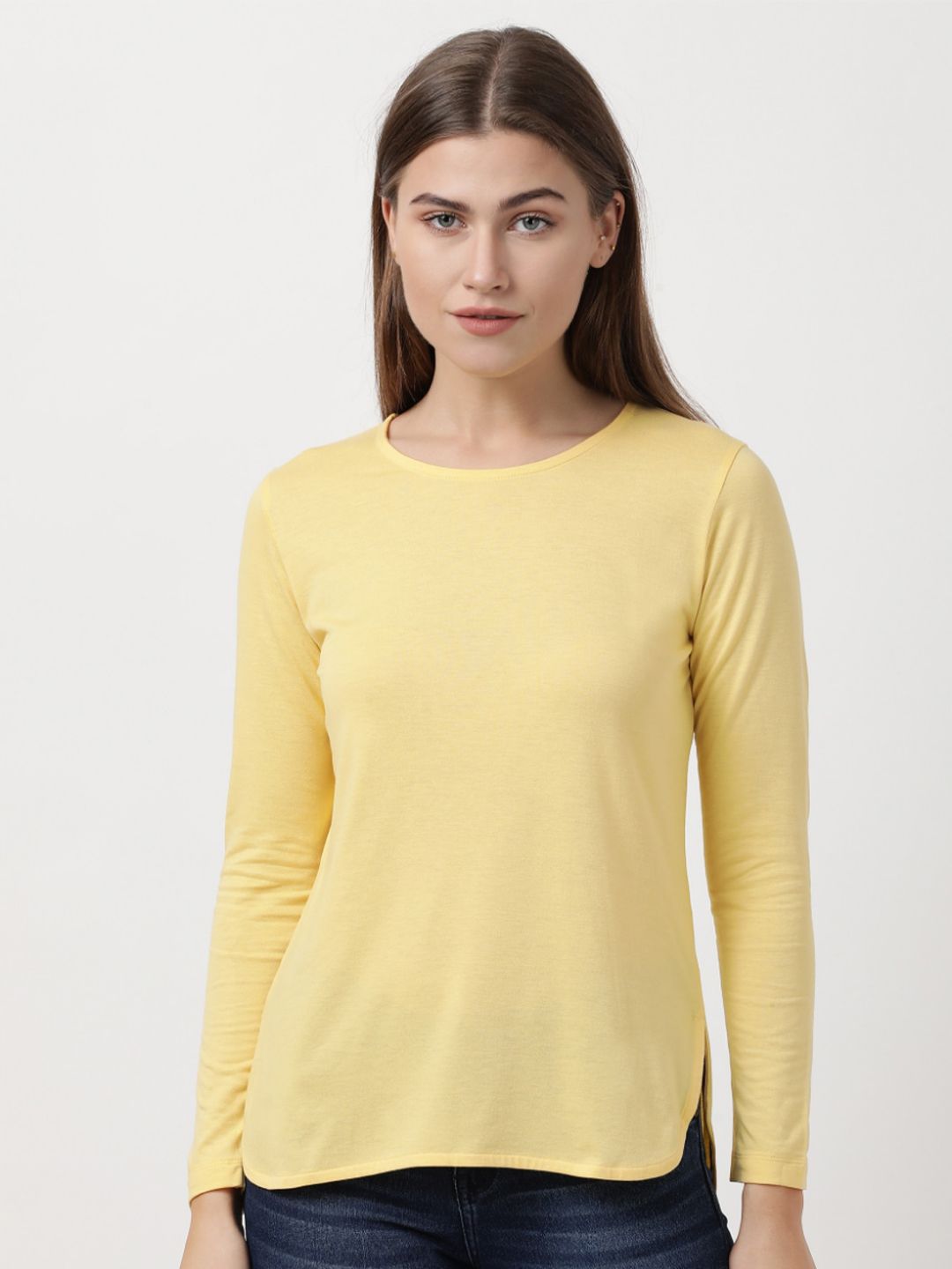 Jockey Women Yellow Solid Round Neck Lounge T-shirt Price in India
