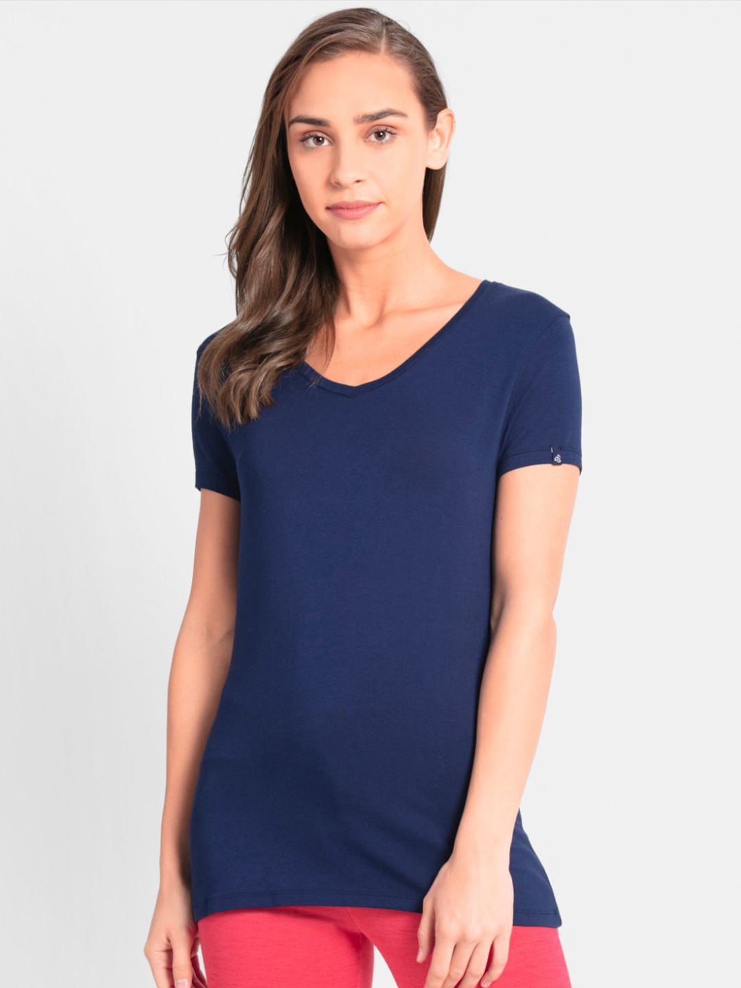Jockey Women Blue Solid V-Neck Cotton Regular Fit Lounge T-shirt Price in India