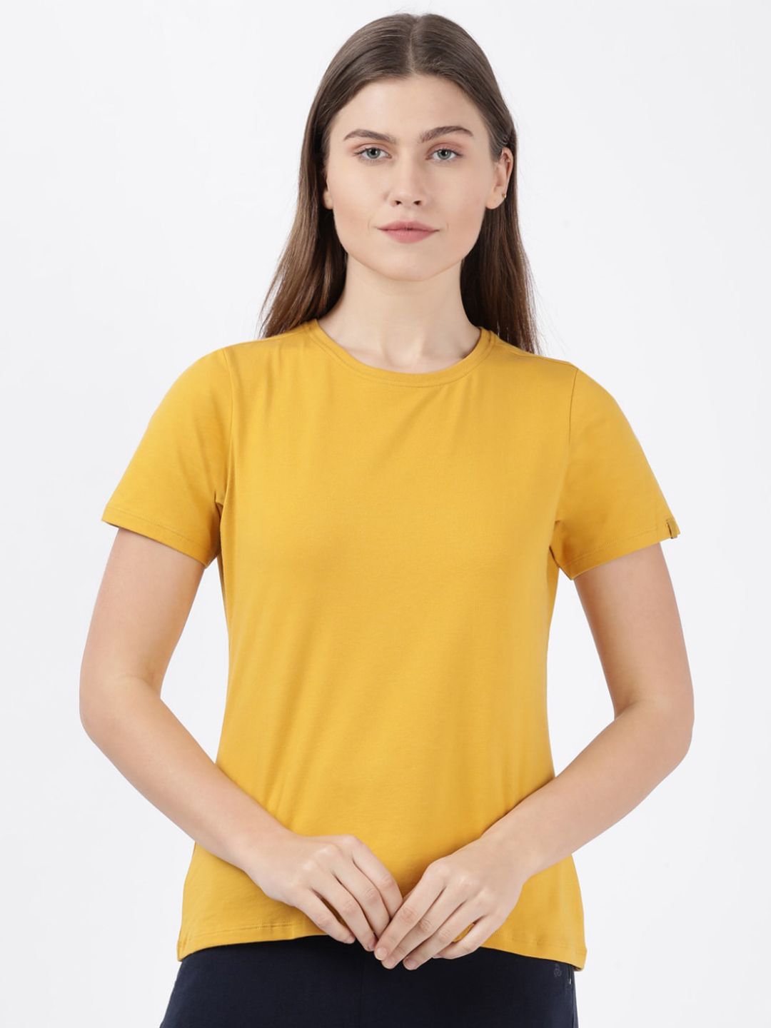Jockey Women Yellow Solid Regular T-shirt Price in India