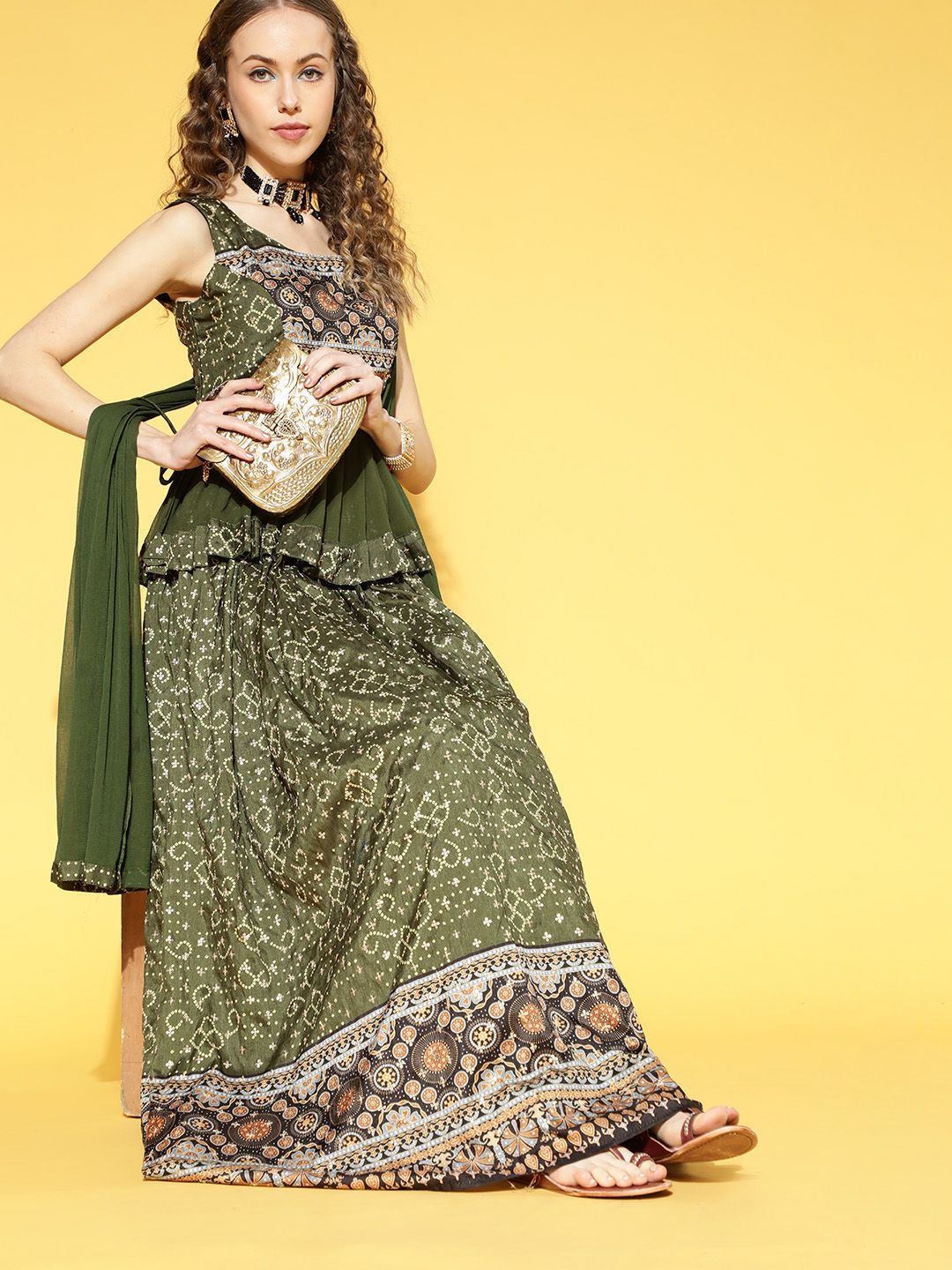 ZOLA Gorgeous Green Printed Ready to Wear Lehenga Choli with Dupatta Price in India
