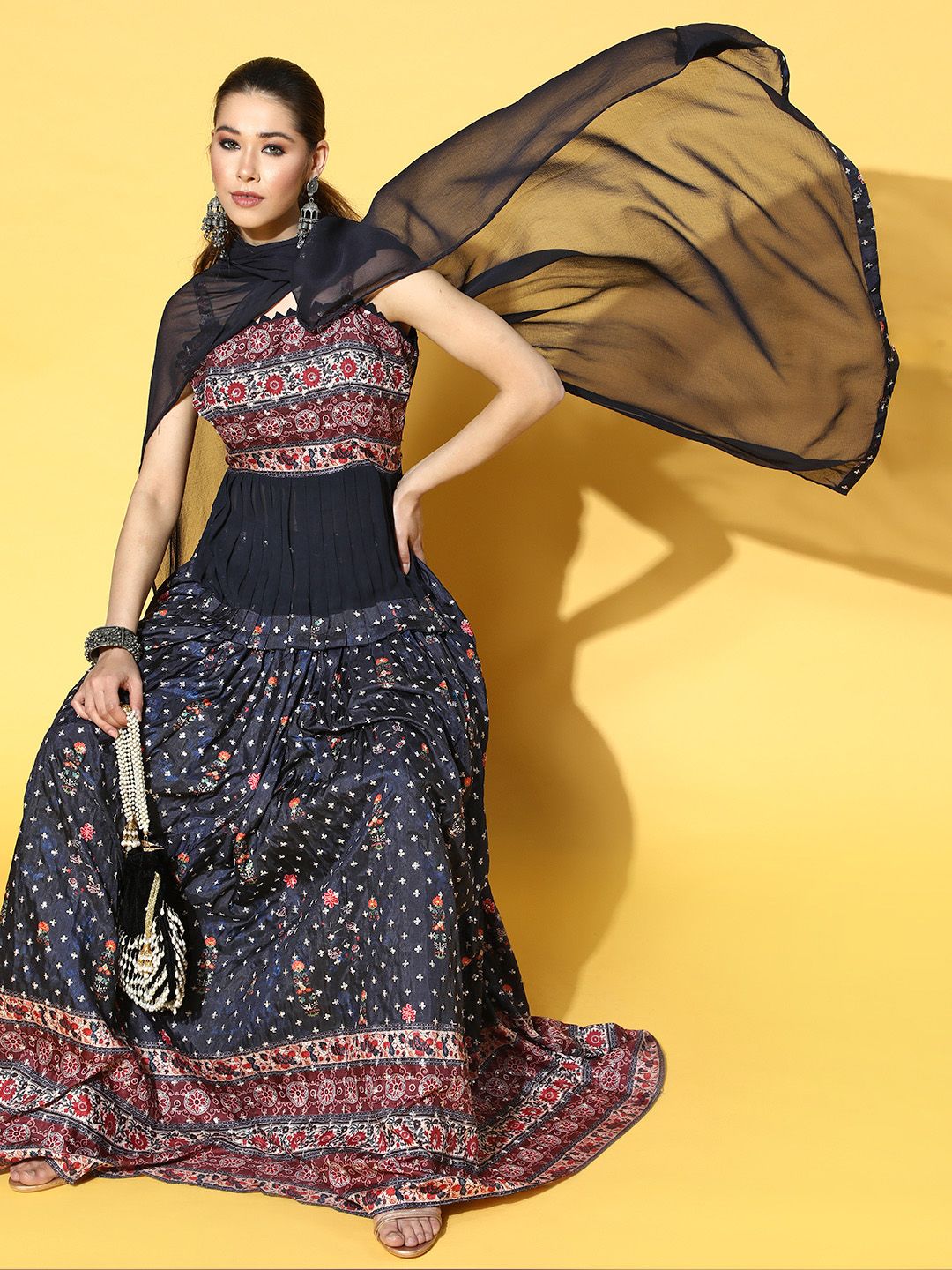 ZOLA Deep Navy Blue Printed Ready to Wear Lehenga Choli with Dupatta Price in India