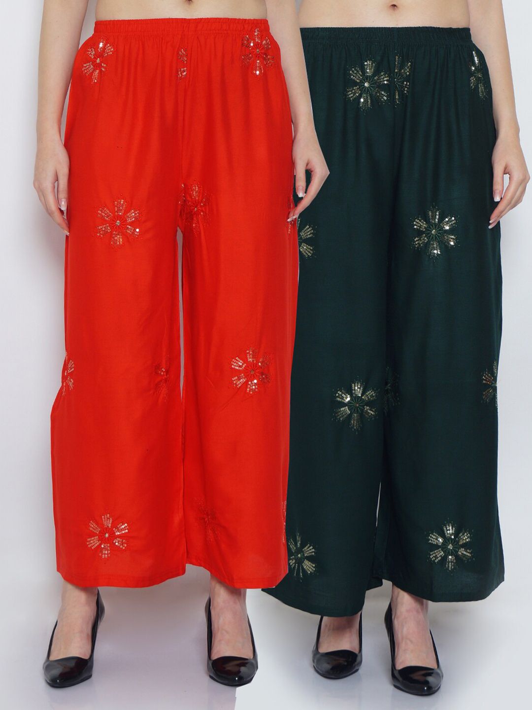 GRACIT Women Set OF 2 Red & Green Ethnic Motifs Embroidered Flared Ethnic Palazzos Price in India