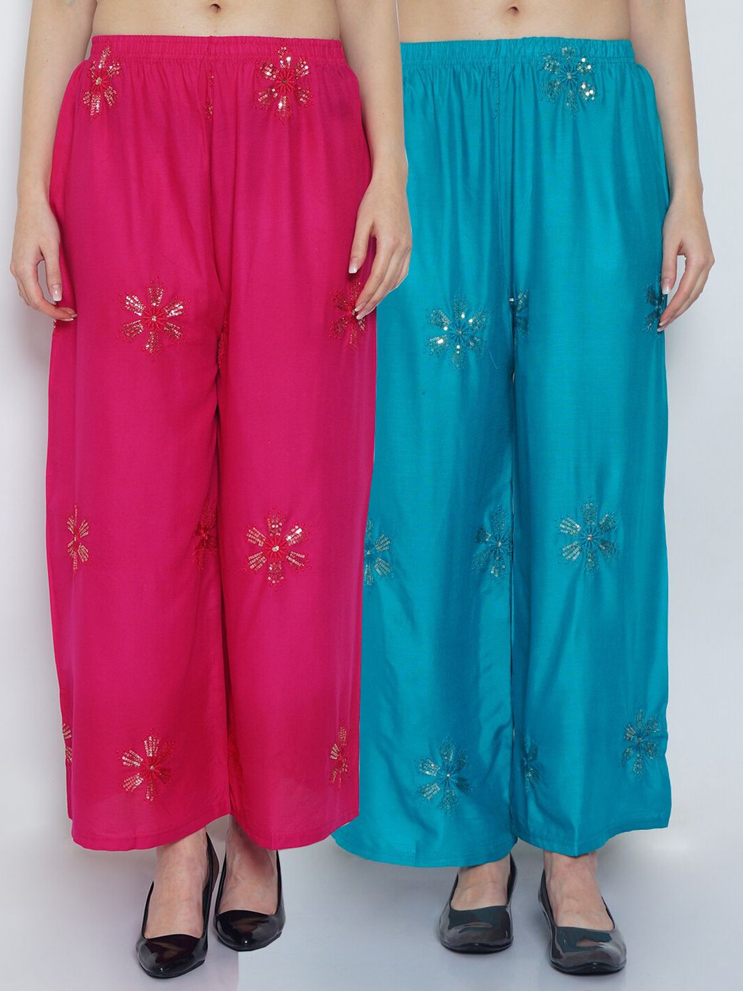 GRACIT Women Pink & Blue Set Of 2 Embroidered Flared Knitted Ethnic Palazzos Price in India