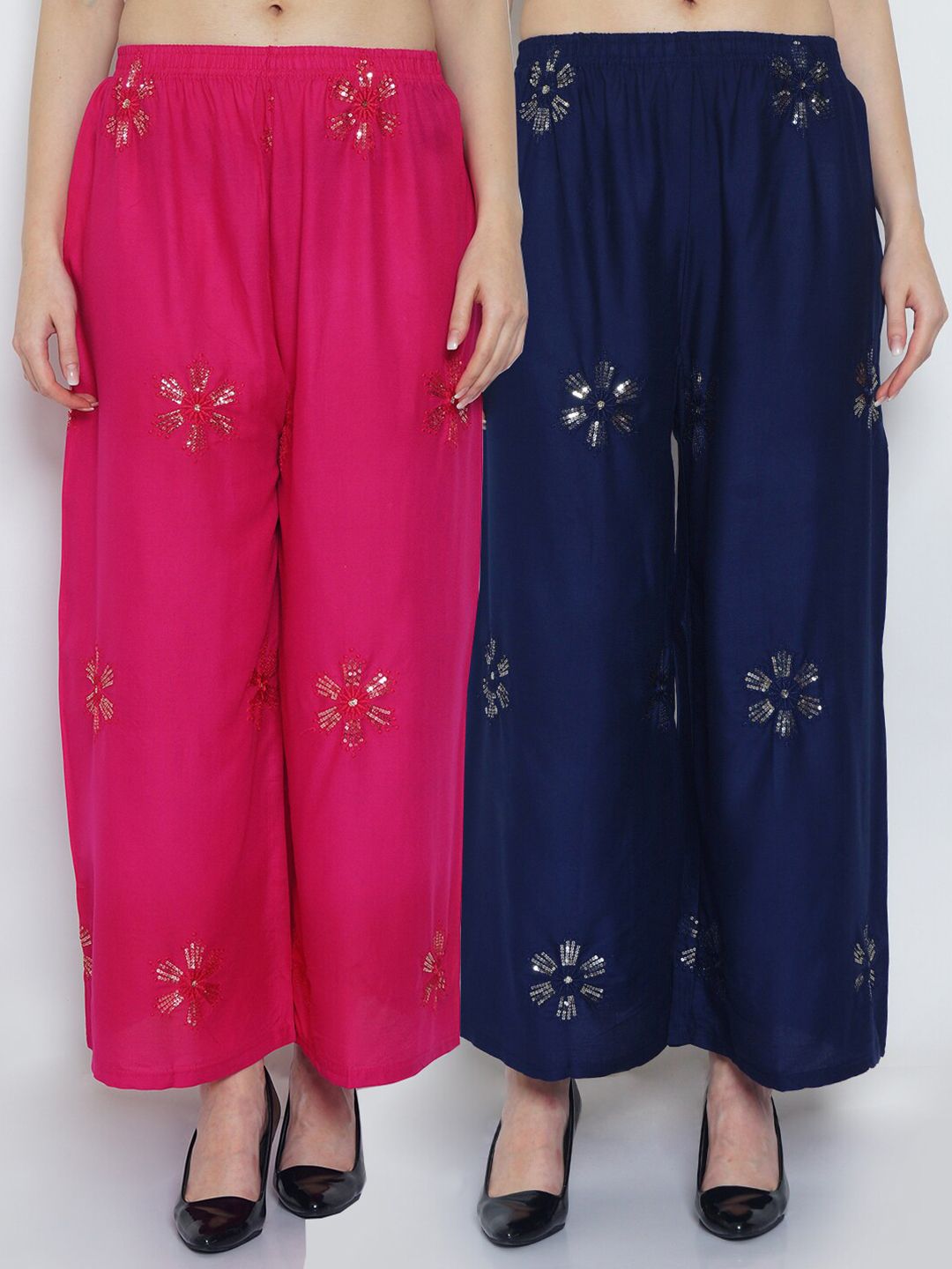 GRACIT Women Pink & Navy Blue Set of 2 Ethnic Motifs Embellished Flared Ethnic Palazzos Price in India