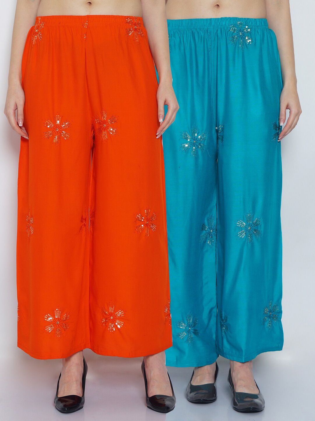 GRACIT Women Orange & Blue Set Of 2 Floral Sequinned Embroidered Flared Ethnic Palazzos Price in India