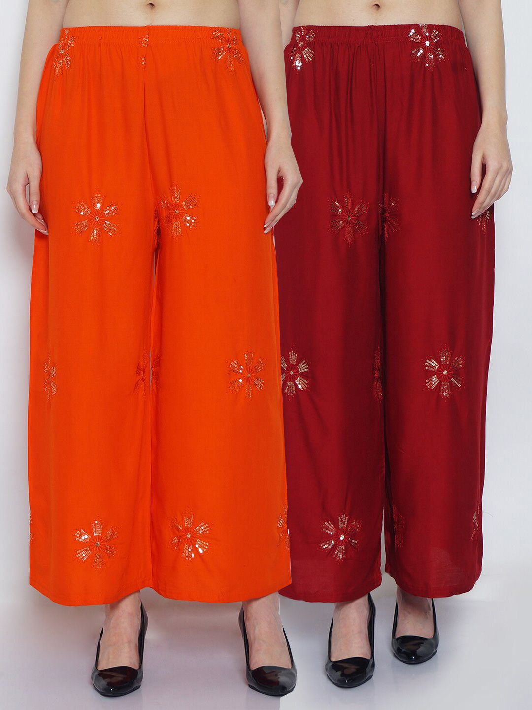 GRACIT Women Orange & Maroon Set Of 2 Embroidered Flared Fit Palazzo Price in India