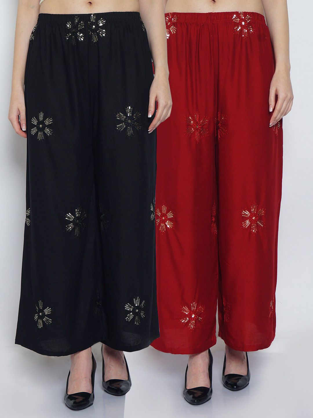 GRACIT Women Set OF 2 Black & Maroon Embroidered Flared Ethnic Palazzos Price in India