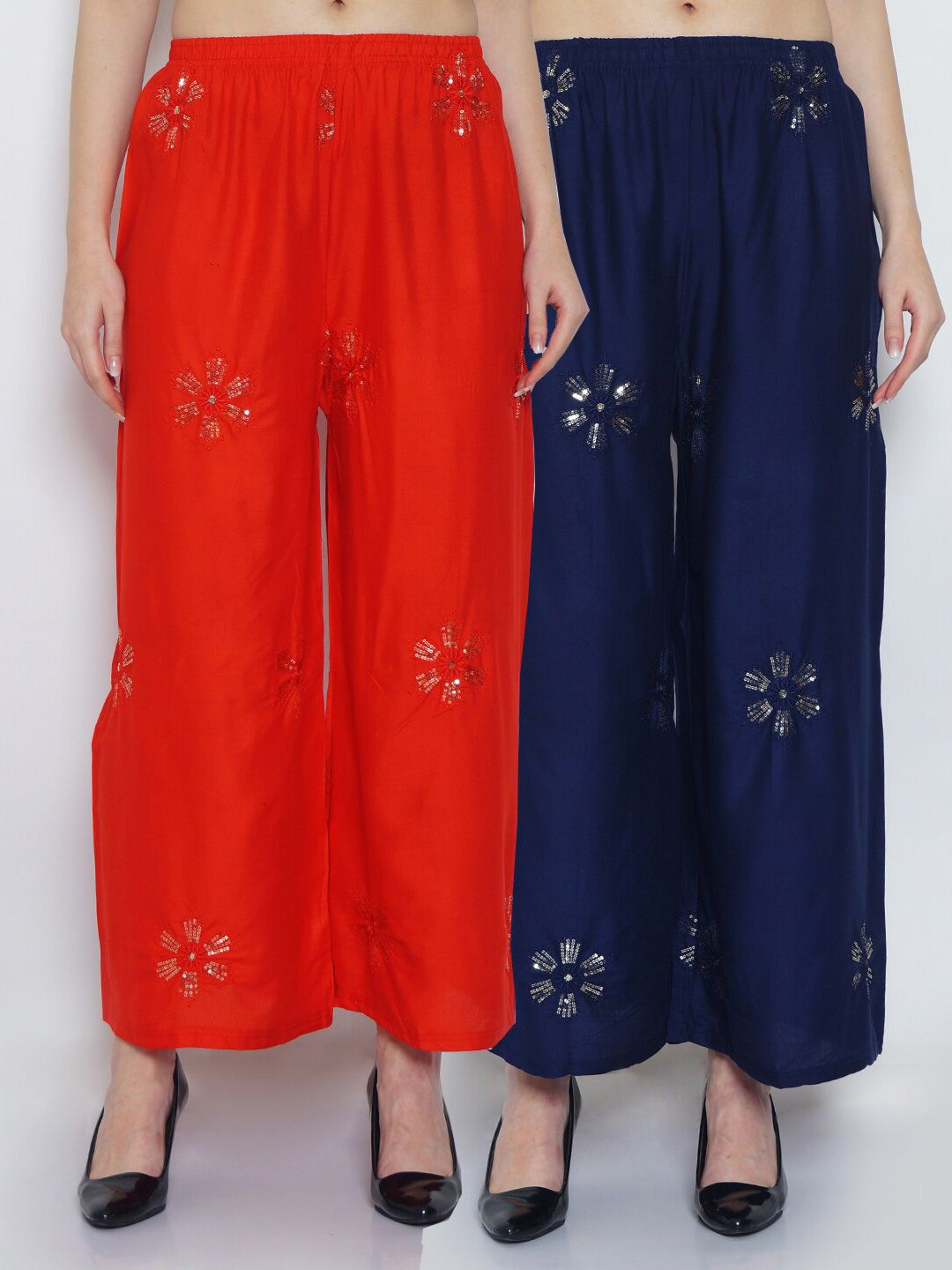 GRACIT Women Red & Navy Blue Set Of 2 Embroidered Flared Fit Palazzo Price in India