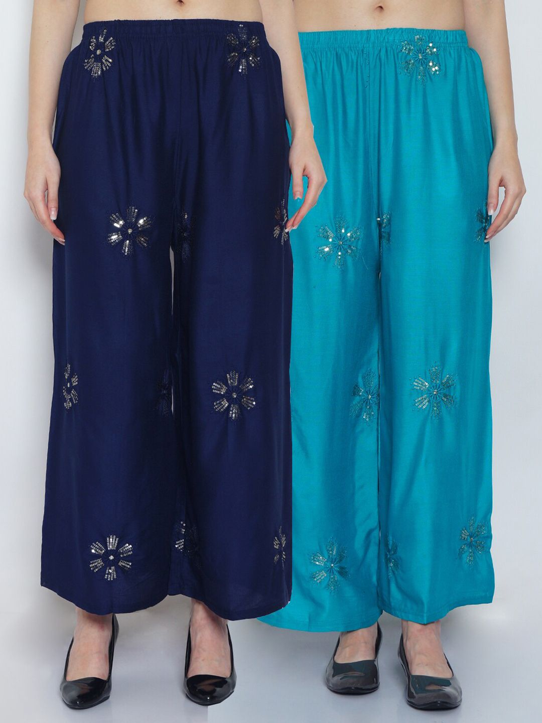 GRACIT Women Set Of 2 Navy Blue & Turquoise Blue Embroidered Flared Ethnic Palazzos Price in India