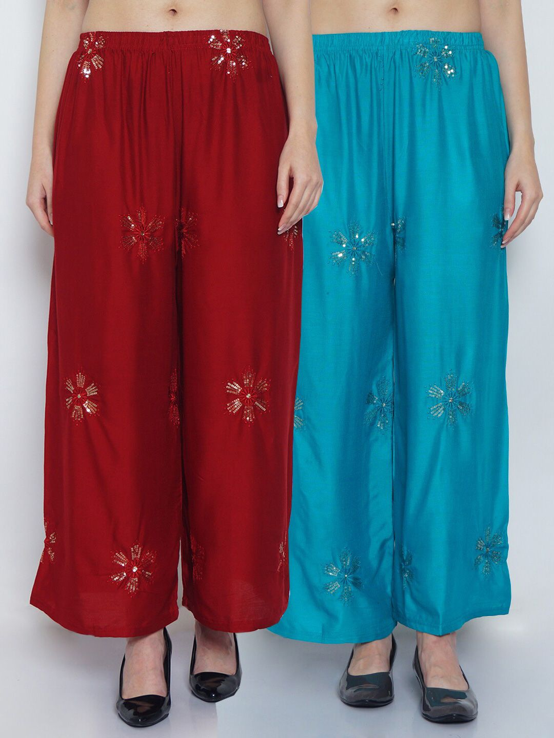 GRACIT Women Maroon & Turquoise Blue Set Of 2 Ethnic Motifs Embellished Flared Palazzos Price in India