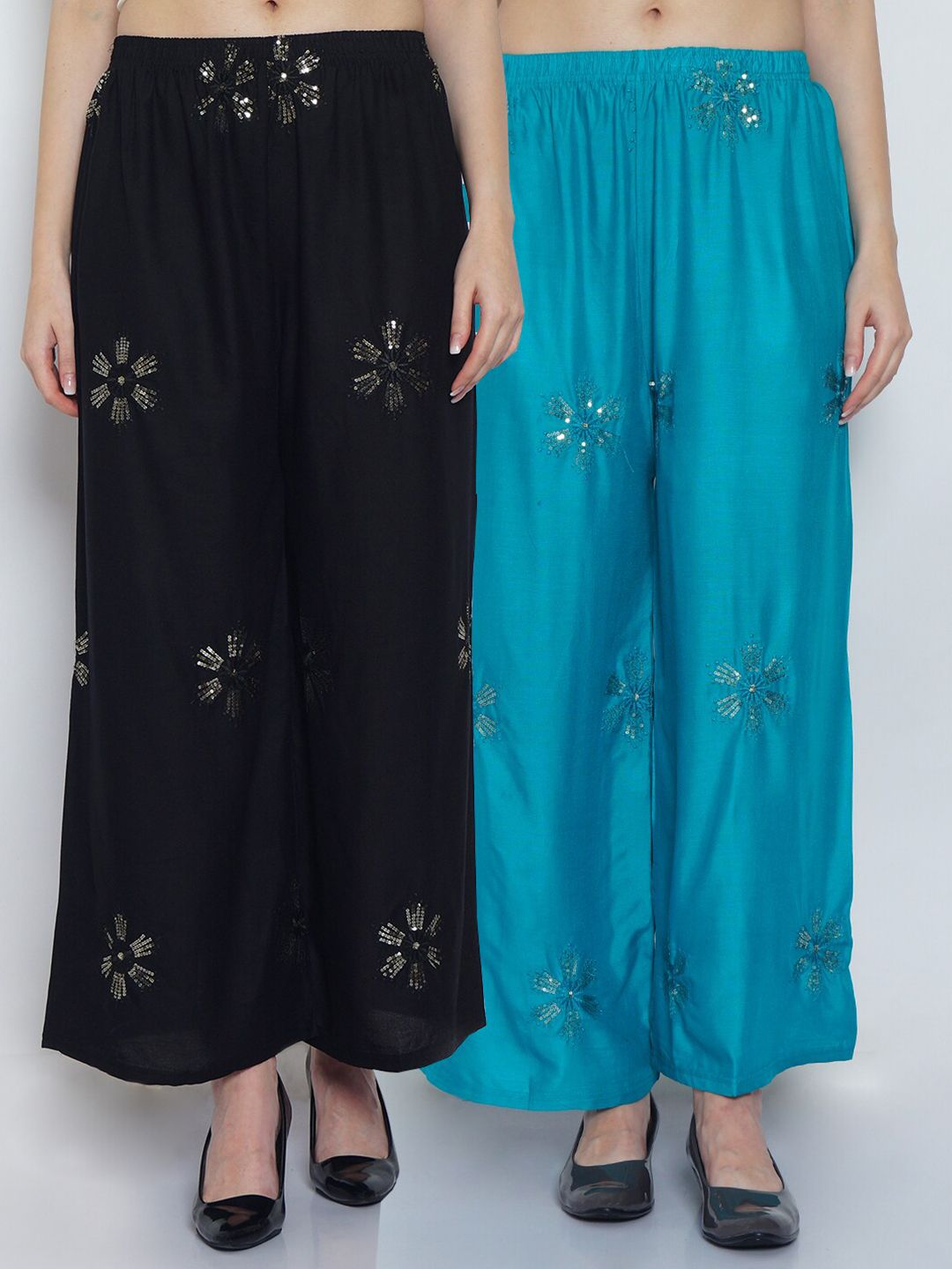 GRACIT Women Black & Blue 2 Floral Embroidered Flared Knitted Ethnic Palazzos Price in India