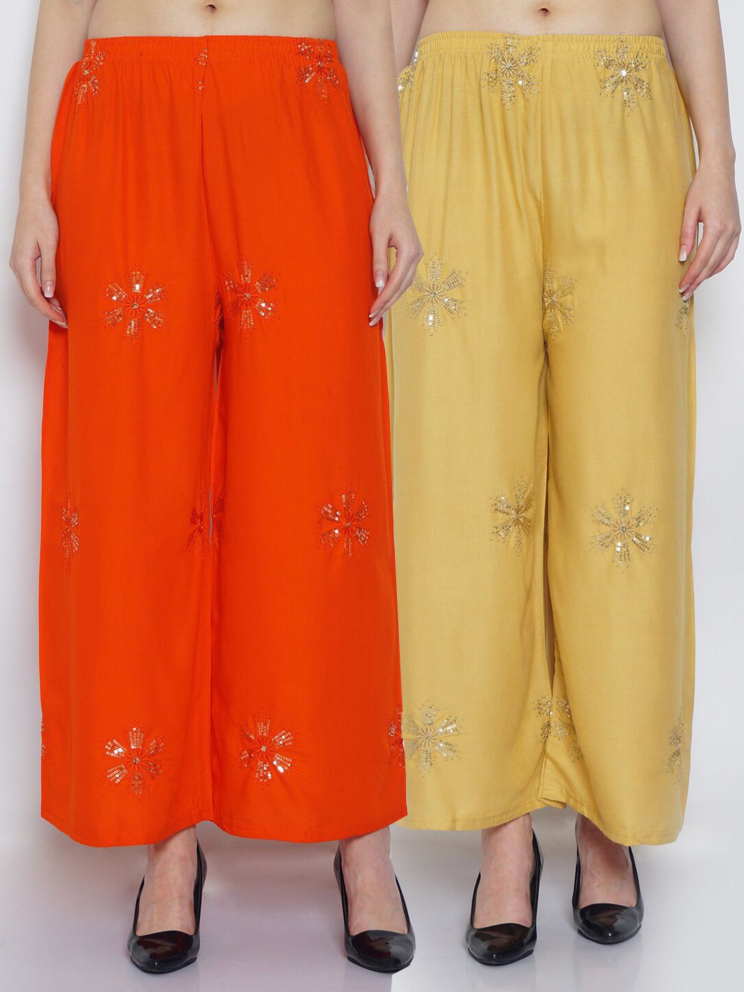 GRACIT Women Orange & Yellow Floral Sequinned Embroidered Flared Ethnic Palazzos Set Of 2 Price in India