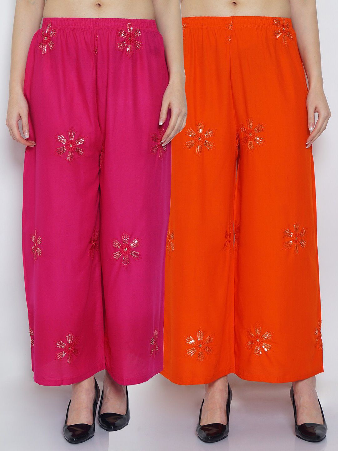 GRACIT Women Set Of 2 Pink & Orange Ethnic Motifs Embroidered Flared Ethnic Palazzos Price in India