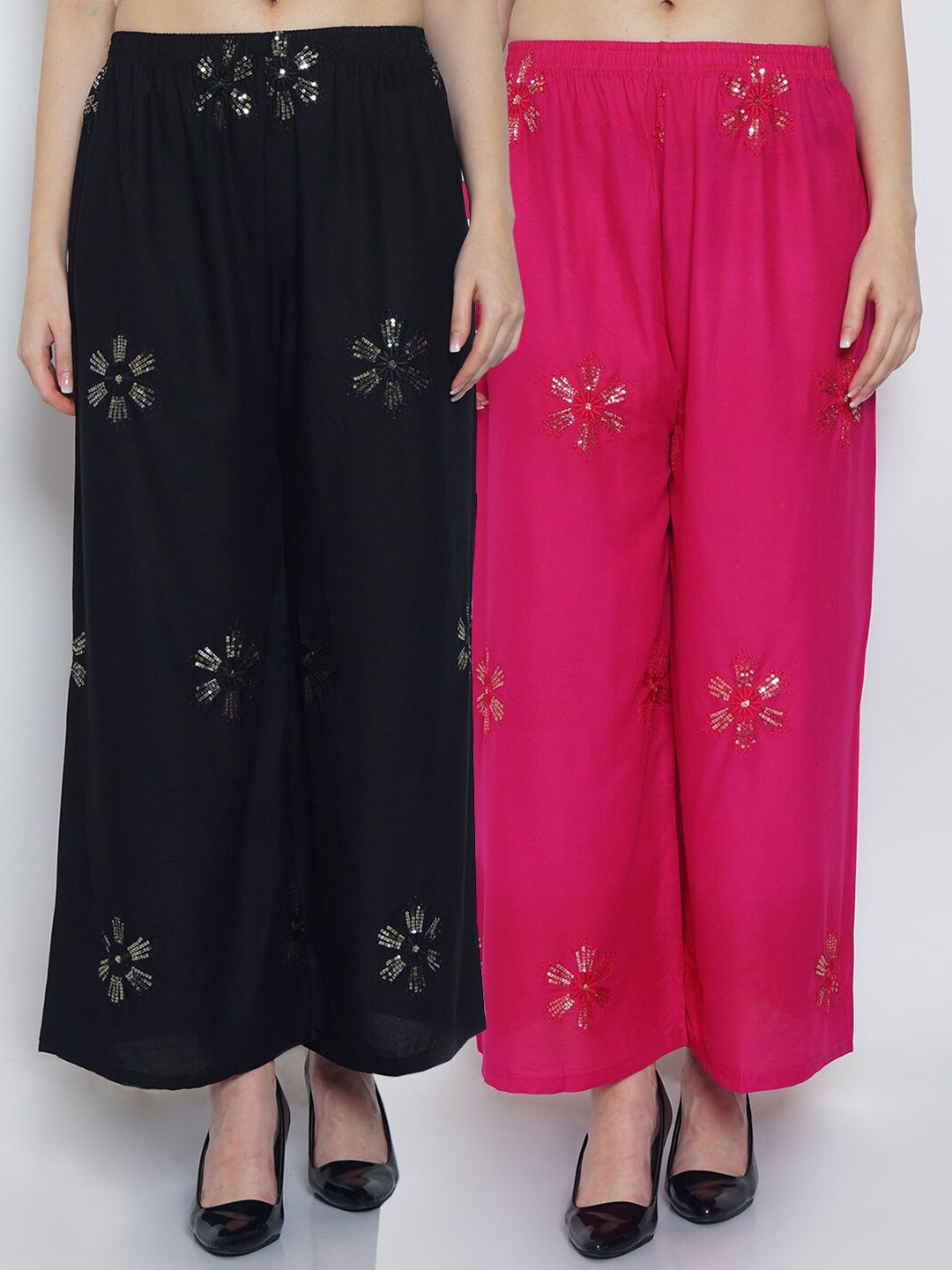 GRACIT Women Black & Black Set of 2 Embroidered Flared Knitted Ethnic Palazzos Price in India