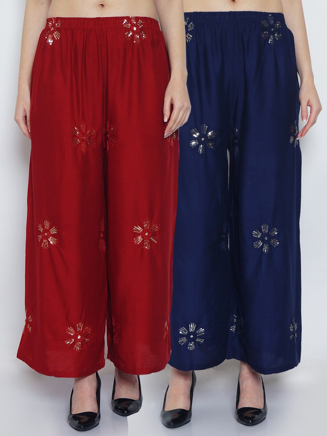 GRACIT Women Maroon & Navy Blue Set Of 2 Embroidered Flared Fit Palazzo Price in India