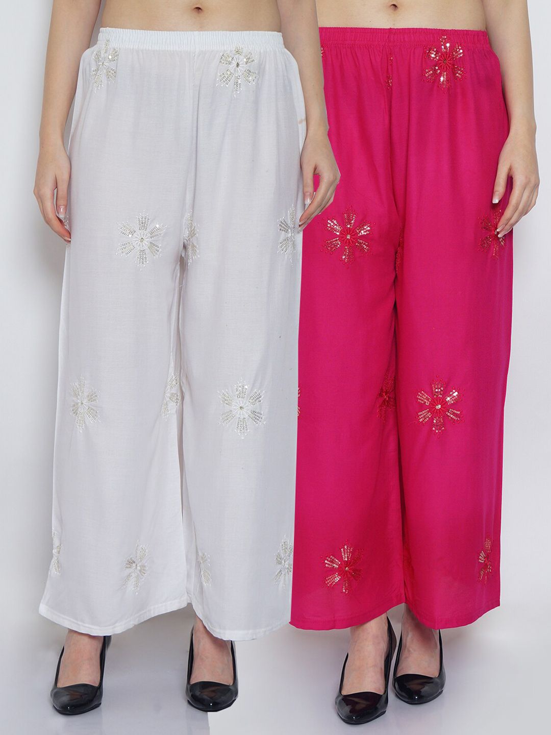 GRACIT Women White & Pink Set Of 2 Ethnic Motifs Embellished Flared Palazzos Price in India