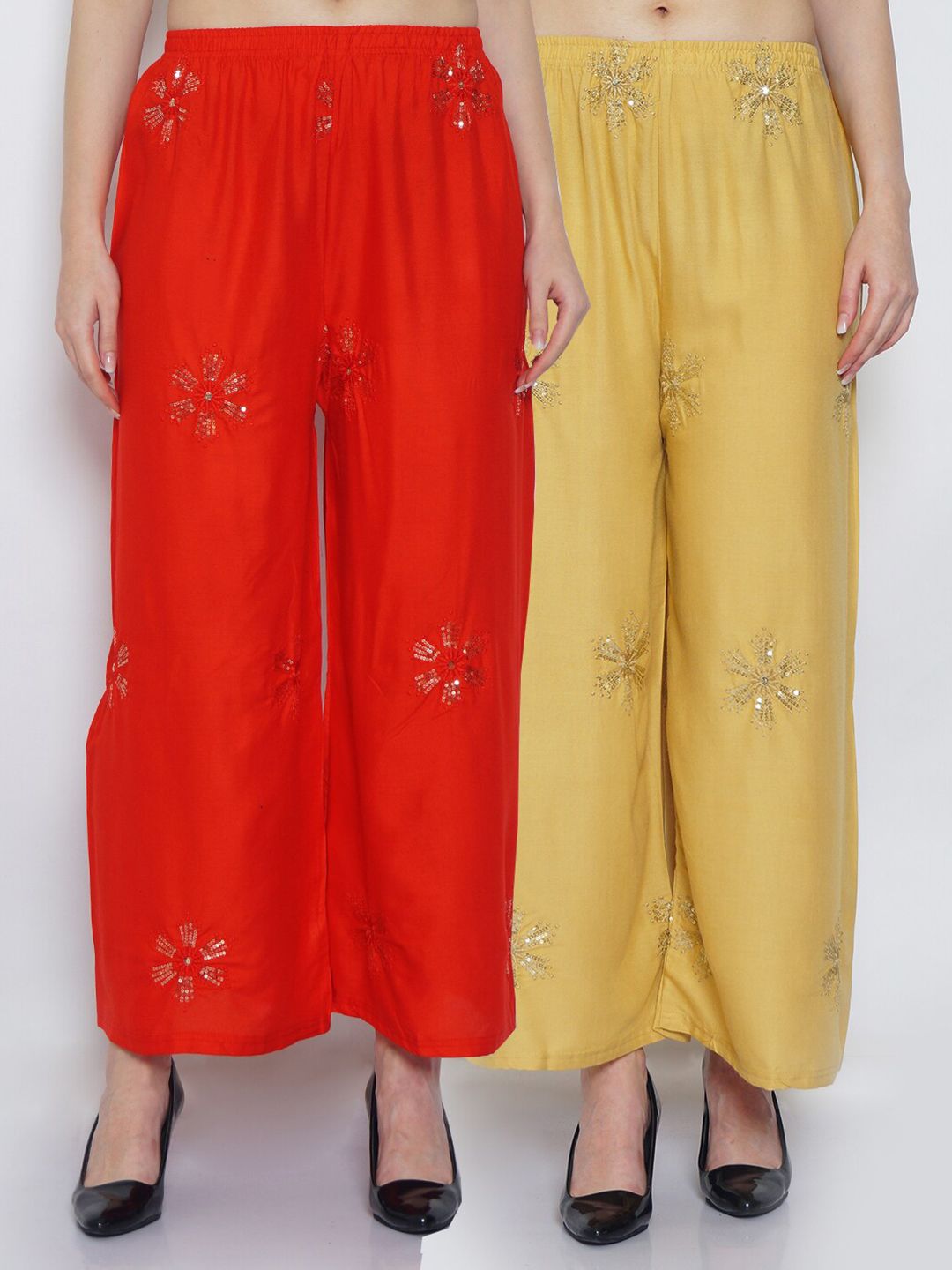 GRACIT Women Set Of 2 Red & Beige Ethnic Motifs Embellished Flared Ethnic Palazzos Price in India