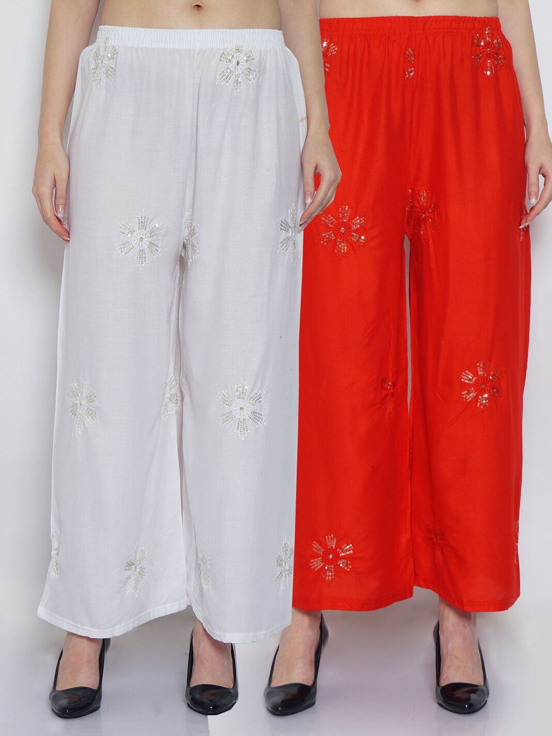 GRACIT Women White & Red Set Of 2 Embroidered Flared Fit Palazzo Price in India