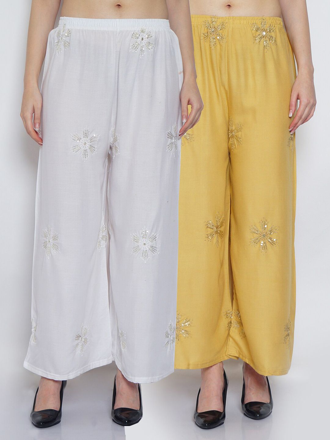 GRACIT Women White & Beige Set of 2 Ethnic Motifs Embellished Flared Ethnic Palazzos Price in India