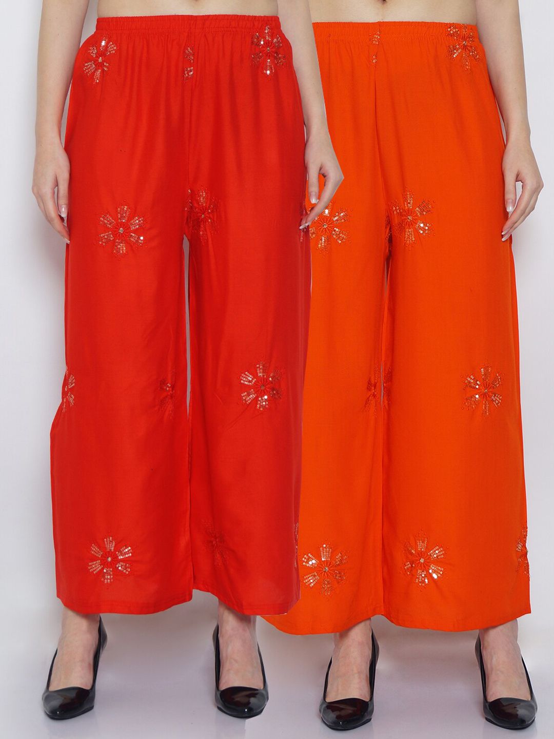 GRACIT Women Red & Orange Floral Sequinned Embroidered Flared Ethnic Palazzos Set Of 2 Price in India