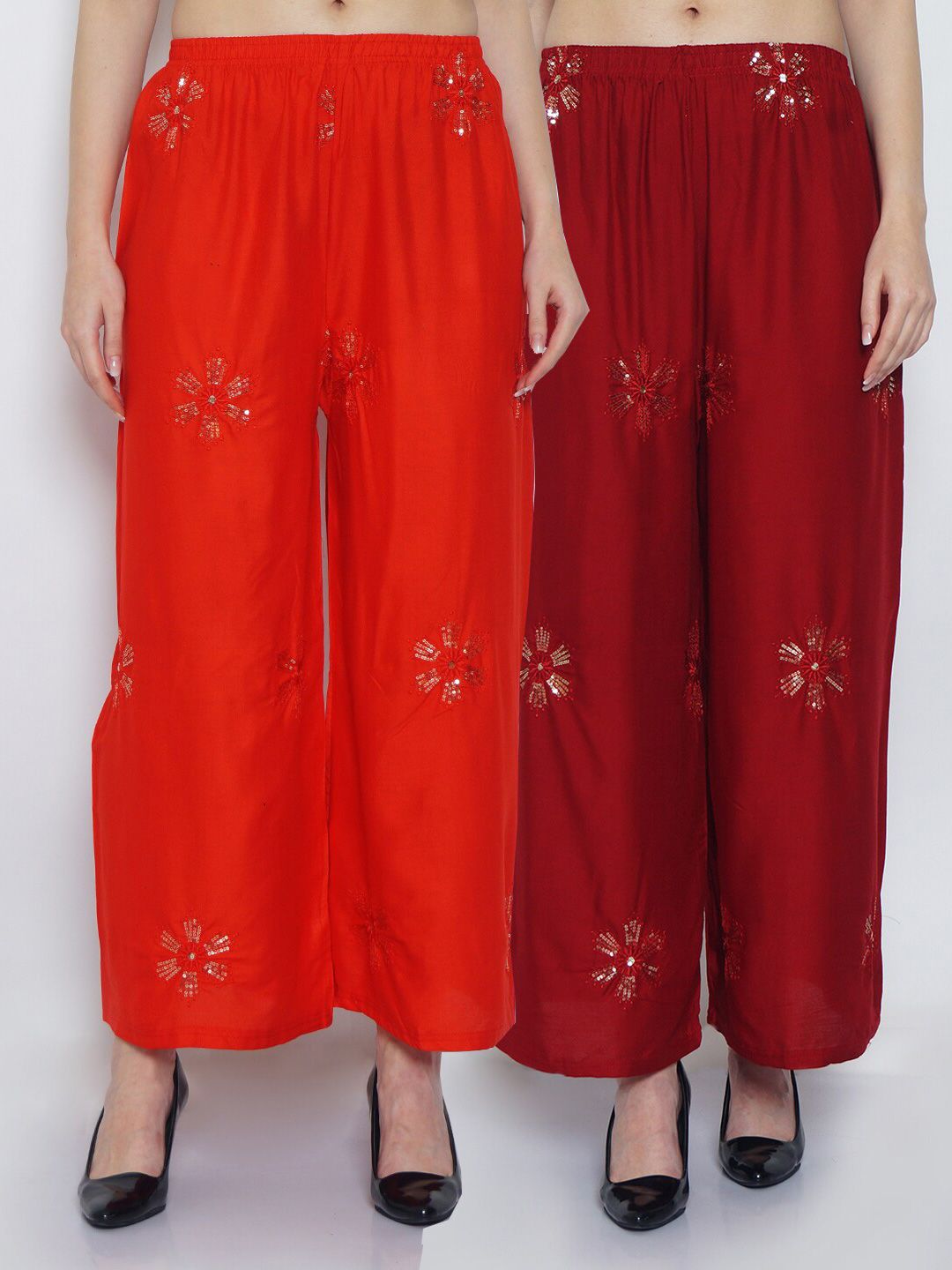 GRACIT Women Red & Orange 2 Floral Embroidered Knitted Ethnic Palazzos Price in India